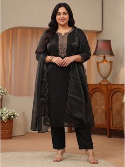 Extra love by Libas - Women Black Floral Tissue Kurta and Pant with Dupatta