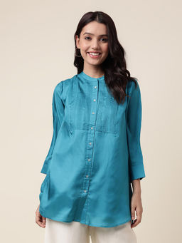 Fabindia - Teal Silk Pintucks Women Tunic