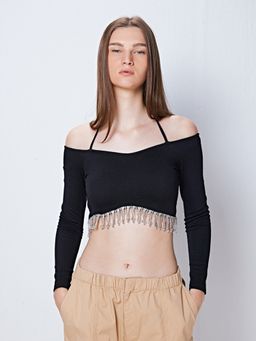 Cover Story - Black Off Shoulder Embellished Crop Top