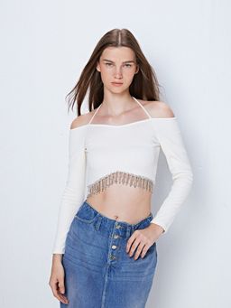 Cover Story - White Off Shoulder Embellished Crop Top