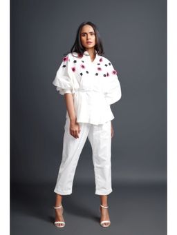 Deepika Arora - Embroidered Shirt & Pant Co-ord Set White (Set of 2)