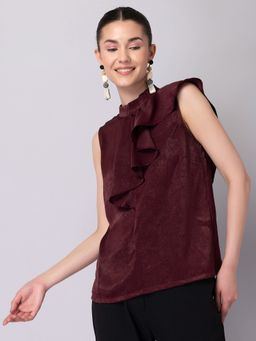 FabAlley - Wine Ruffled Neck Sleeveless Top