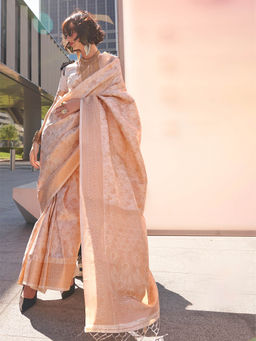 Elora - Cream Pure Soft Silk Floral Handloom Weaving Saree with Unstitched