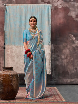 Elora - Sky Blue Soft Silk Kanjeevaram Designer Saree with Unstitched