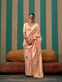 Elora - Beige Pure Capri Linen Floral Handloom Weaving Saree with Unstitched