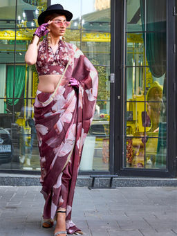 Elora - Wine Pure Satin Georgette Floral Print Bollywood Saree with Unstitched