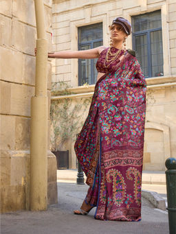 Elora - Wine Pure Satin Georgette Floral Print Bollywood Saree with Unstitched