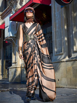 Elora - Beige and Black Pure Satin Crepe Digital Printed Bollywood Sarees with Unstitched