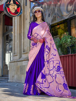 Elora - Light Pink and Royal Blue Pure Satin Crepe Floral Bollywood Sarees with Unstitched