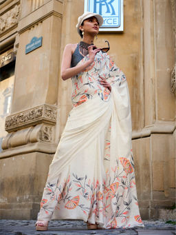 Elora - Cream Pure Satin Crepe Floral Bollywood Sarees with Unstitched