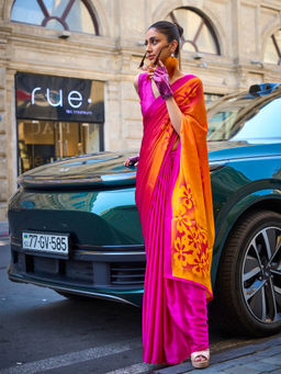 Elora - Pink and Yellow Pure Satin Crepe Floral Bollywood Sarees with Unstitched