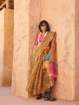 Elora - Yellow Floral Pure Tissue Handwoven Saree with Unstitched