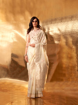 Elora - Off White Pure Linen Cotton Handwoven Multi Saree with Unstitched