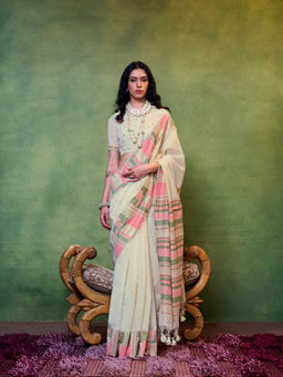 Elora - Off White Pure Spun Cotton Contemporary Handwoven Saree with Unstitched