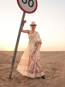 Elora - Cream Pure Linen Floral Handwoven Bollywood Saree with Unstitched