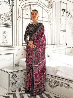 Elora - Wine Pure Satin Crepe Ajrakh Printed Saree with Unstitched