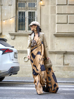 Elora - Cream Printed Bollywood Satin Silk Saree with Unstitched