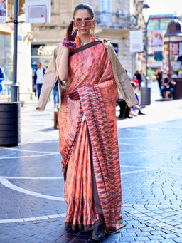 Elora - Mali Peach Digital Printed Bollywood Satin Silk Saree with Unstitched