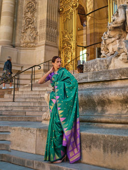 Elora - Dark Green Khadi Handloom Weaving Silk Saree with Unstitched