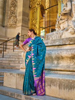 Elora - Blue Khadi Handloom Weaving Silk Saree with Unstitched