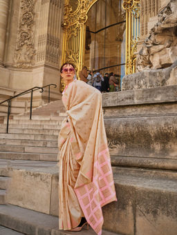 Elora - Cream Khadi Handloom Weaving Silk Saree with Unstitched