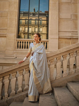 Elora - Grey Khadi Handloom Weaving Silk Saree with Unstitched