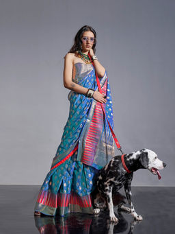 Elora - Blue Soft Silk Woven Banarasi Saree with Unstitched