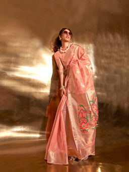 Elora - Peach Zari Tissue Hand Woven Paithani Saree with Unstitched