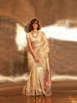 Elora - Beige Zari Tissue Hand Woven Paithani Saree with Unstitched