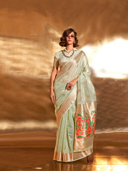 Elora - Sea Green Zari Tissue Hand Woven Paithani Saree with Unstitched