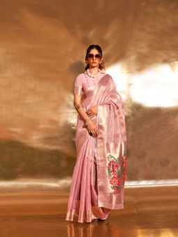 Elora - Pink Zari Tissue Hand Woven Paithani Saree with Unstitched
