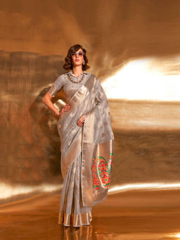 Elora - Grey Zari Tissue Hand Woven Paithani Saree with Unstitched