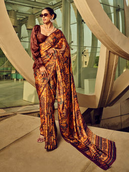 Elora - Brown and Orange Pure Satin Crepe Bollywood Digital Print Saree with Unstitched