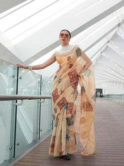 Elora - Beige Pure Printed Zari Tissue Handwoven Saree with Unstitched