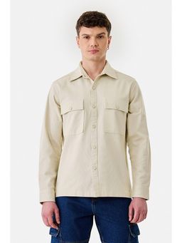 Snitch - Cream Solid Full Sleeves Relaxed Casual Overshirt for Men