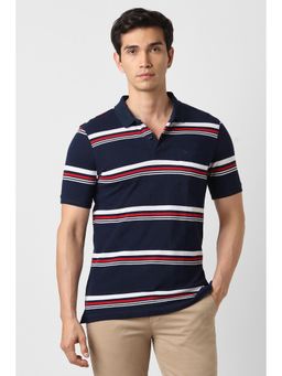 Peter England - Men Navy Blue Stripe Polo T-shirt