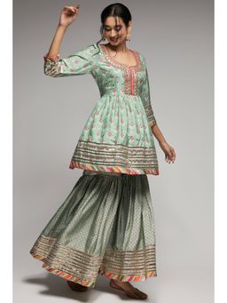 Gopi Vaid - Green Tilla Peplum Garara (Set of 3)