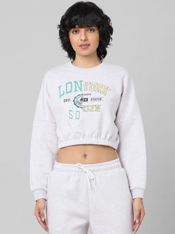 ONLY - Off White Cropped Printed Lurex Sweatshirt