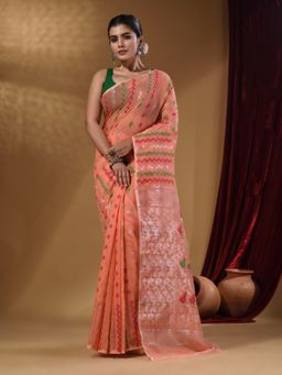 Arhi - Peach Cotton Handwoven jamdhani Saree with Chevron Designs