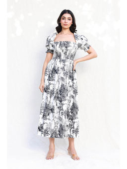 Moonstruck - Black and White Palm Tree Print Midi Dress