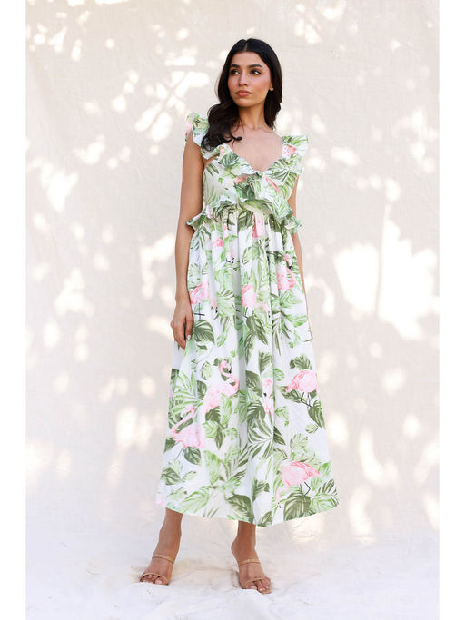 Buy Moonstruck Green Back Tie-Knot Flamingo Ruffle Maxi Dress Online