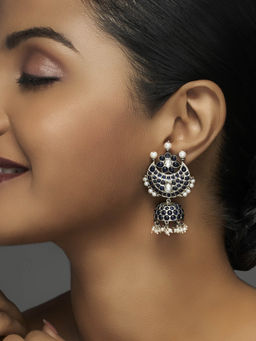 Divas Mantra - Blue Magnetism Semi Circle Motif Jhumkas with Blue Spinel, CZ Stones and Pearls