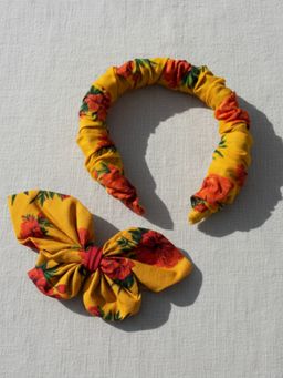 Lil Drama - Yellow Floral Printed Headband And Hair Clip Combo Set Of 2 - Yellow