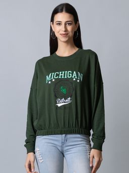 Club York - Womens Bottle Green Full Sleeve Round Neck Chest Print Sweatshirt