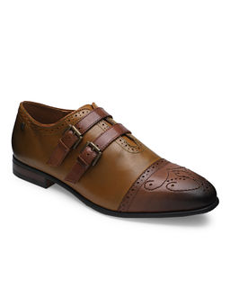 EZOK - Men Tan Leather Monk Straps Shoes