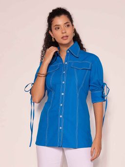 Uptownie - Blue Panelled Cotton Shirt with Tie-Up Sleeves