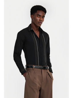 Snitch - Black Polyester Blend Stripes Full Sleeves Shirt