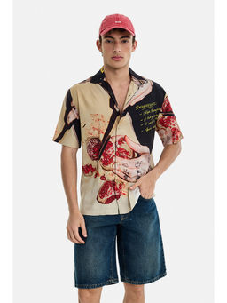 Snitch - Beige Viscose Printed Half Sleeves Shirt