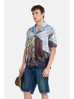 Snitch - Blue Viscose Printed Half Sleeves Shirt