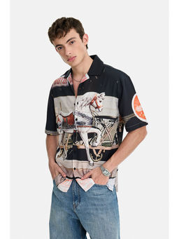 Snitch - Black Viscose Printed Half Sleeves Shirt